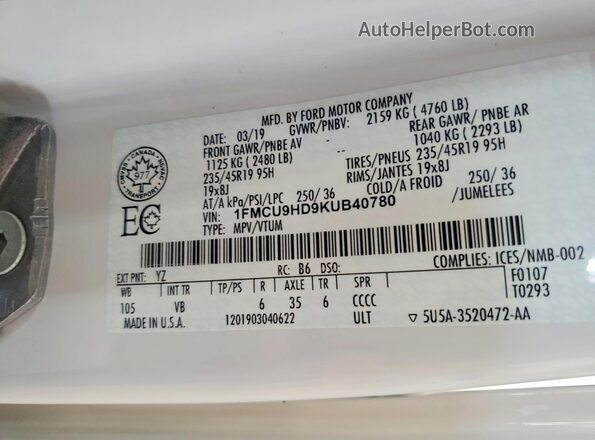 1FMCU9HD9KUB40780 2019 FORD ESCAPE White VIN sticker view