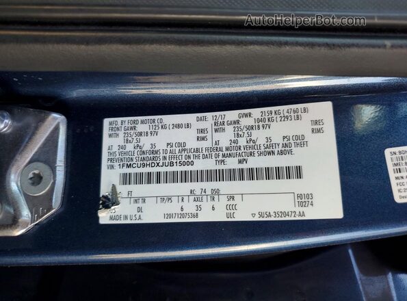 1FMCU9HDXJUB15000 2018 FORD ESCAPE Синий Вид наклейки с VIN-кодом