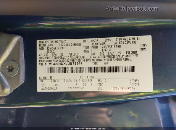 1FMCU9HDXJUB78341 2018 FORD ESCAPE Blue ძრავის განყოფილების ხედი