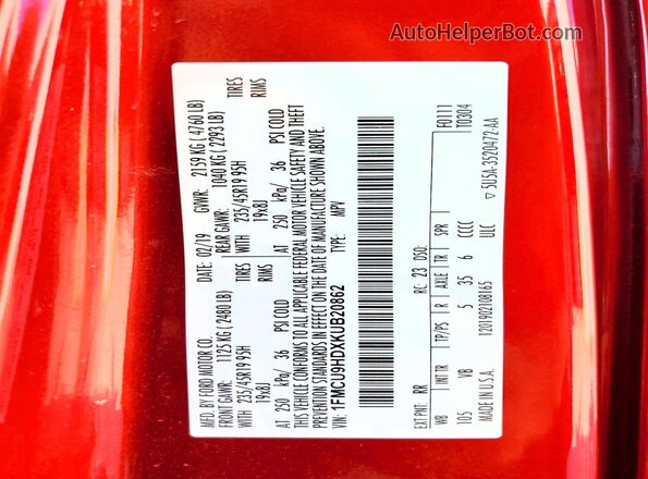 1FMCU9HDXKUB20862 2019 FORD ESCAPE Maroon Панорамний вид салону 360°