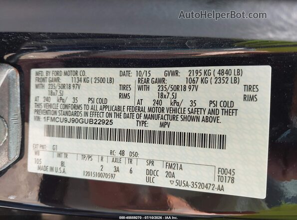 1FMCU9J90GUB22925 2016 FORD ESCAPE Black Widok komory silnika
