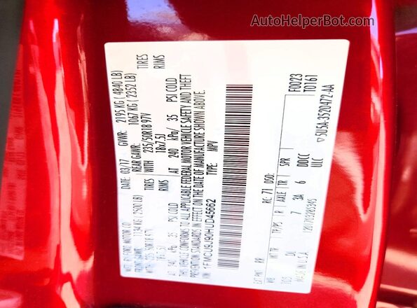 1FMCU9J90HUD45662 2017 FORD ESCAPE Red Vista de la etiqueta del VIN
