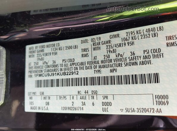 1FMCU9J91KUB22912 2019 FORD ESCAPE Black ძრავის განყოფილების ხედი