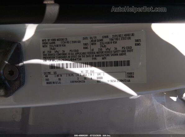 1FMCU9J92KUB84738 2019 FORD ESCAPE Yellow Engine compartment view