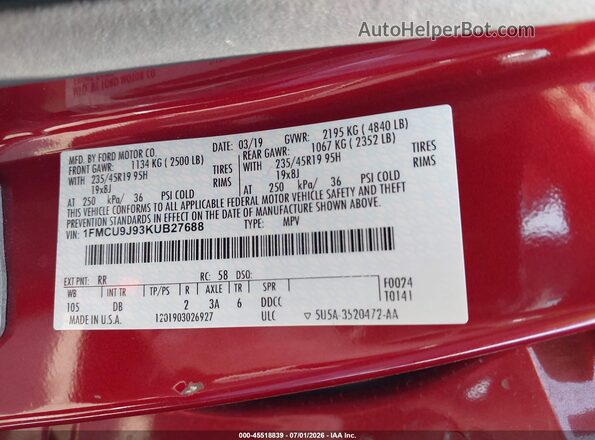 1FMCU9J93KUB27688 2019 FORD ESCAPE Красный Вид подкапотного пространства