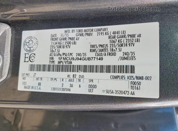 1FMCU9J94GUB77149 2016 FORD ESCAPE Серый Вид наклейки с VIN-кодом