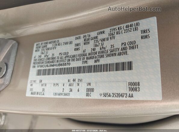 1FMCU9J94HUB65570 2017 FORD ESCAPE Champagne Շարժիչի բաժամունքի տեսք