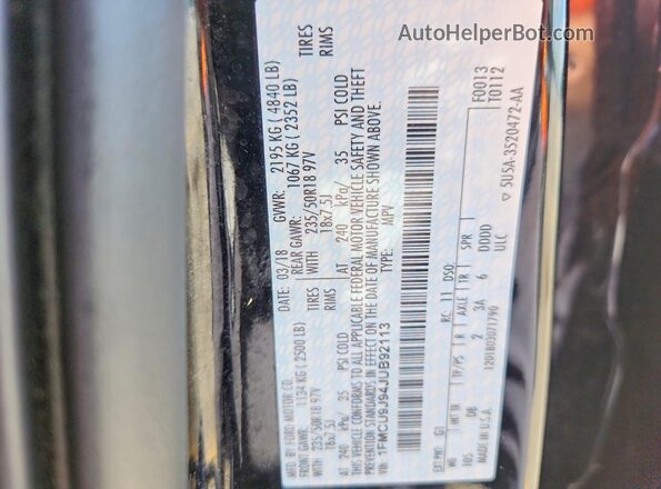 1FMCU9J94JUB92113 2018 FORD ESCAPE Black Vista de la etiqueta del VIN