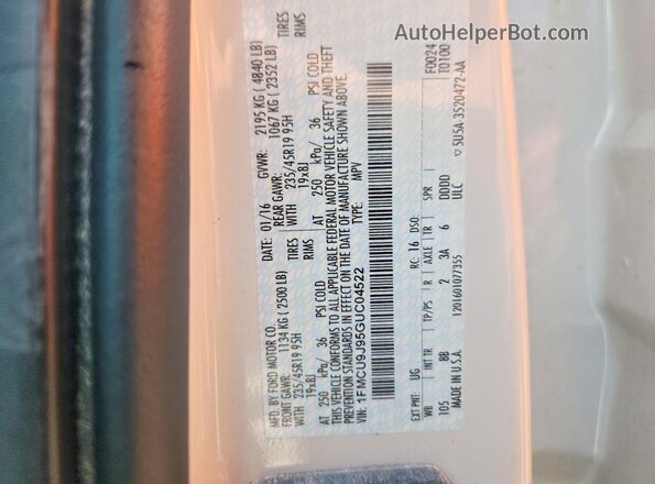 1FMCU9J95GUC04522 2016 FORD ESCAPE White Vista de la etiqueta del VIN