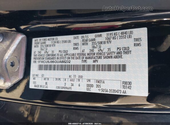 1FMCU9J96GUA88232 2016 FORD ESCAPE Black Շարժիչի բաժամունքի տեսք