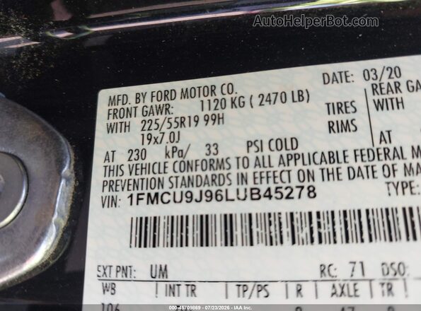 1FMCU9J96LUB45278 2020 FORD ESCAPE Black Vista del compartimento del motor