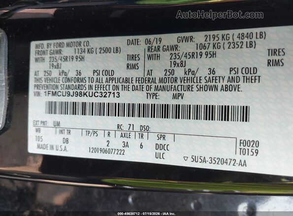 1FMCU9J98KUC32713 2019 FORD ESCAPE Black ძრავის განყოფილების ხედი