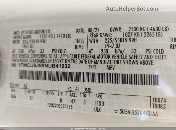 1FMCU9J98NUB41932 2022 FORD ESCAPE White Widok komory silnika