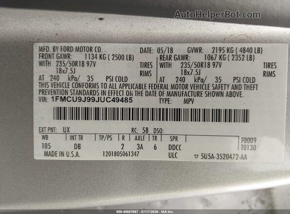 1FMCU9J99JUC49485 2018 FORD ESCAPE Silver Շարժիչի բաժամունքի տեսք