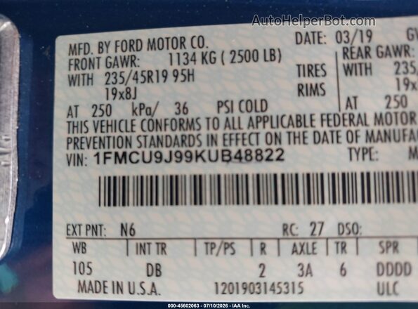 1FMCU9J99KUB48822 2019 FORD ESCAPE Blue Вид підкапотного простору