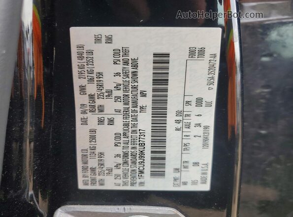 1FMCU9J99KUB77317 2019 FORD ESCAPE Black Панорамний вид салону 360°