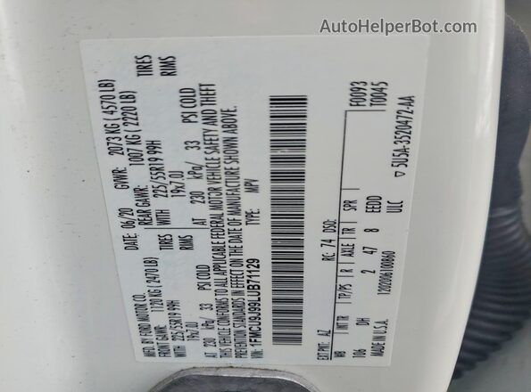 1FMCU9J99LUB71129 2020 FORD ESCAPE White VIN կոդի պիտակի տեսք