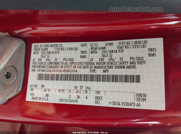 1FMCU9J9XGUB90374 2016 FORD ESCAPE Red Вид підкапотного простору