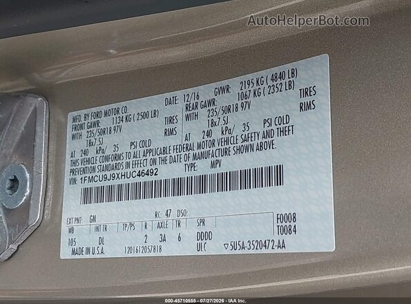 1FMCU9J9XHUC46492 2017 FORD ESCAPE Gold Вид підкапотного простору
