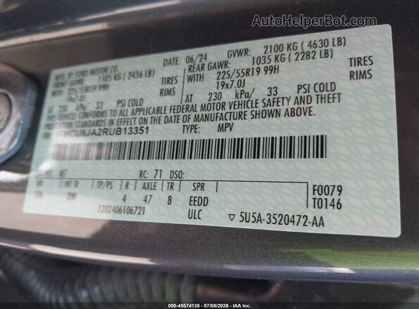 1FMCU9JA2RUB13351 2024 FORD ESCAPE Серый Вид подкапотного пространства