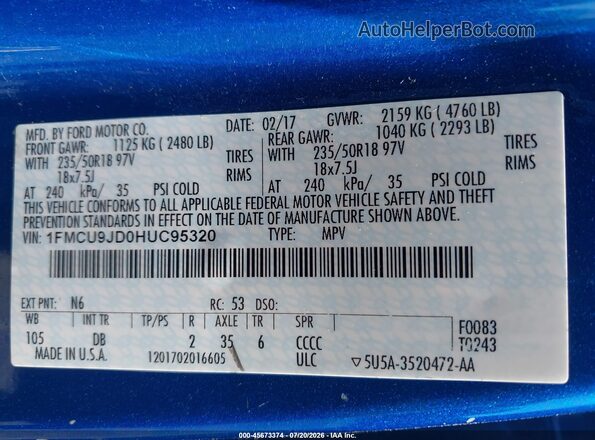 1FMCU9JD0HUC95320 2017 FORD ESCAPE Blue Engine compartment view