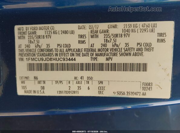 1FMCU9JD8HUC93444 2017 FORD ESCAPE Синий Вид подкапотного пространства