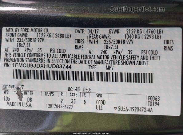 1FMCU9JDXHUD83744 2017 FORD ESCAPE Gray ძრავის განყოფილების ხედი