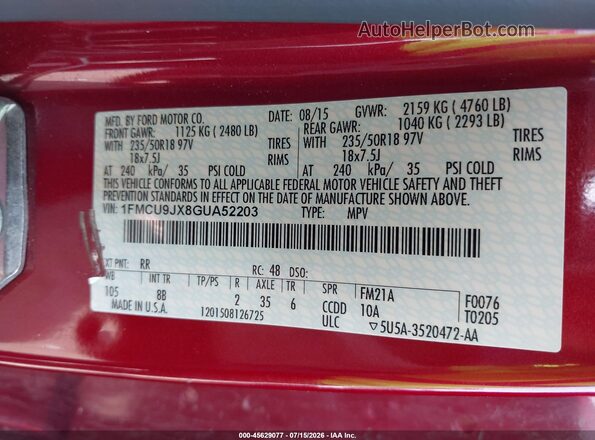 1FMCU9JX8GUA52203 2016 FORD ESCAPE Red ძრავის განყოფილების ხედი