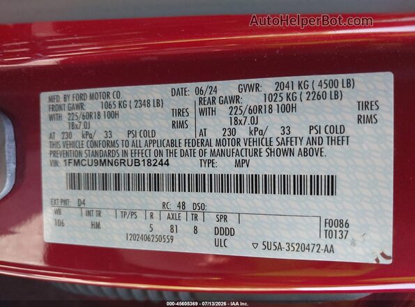 1FMCU9MN6RUB18244 2024 FORD ESCAPE Red Widok komory silnika