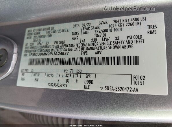 1FMCU9MN9PUA24937 2023 FORD ESCAPE Silver Вид підкапотного простору