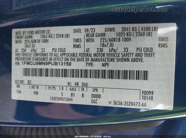 1FMCU9MN9PUB13150 2023 FORD ESCAPE Blue ძრავის განყოფილების ხედი