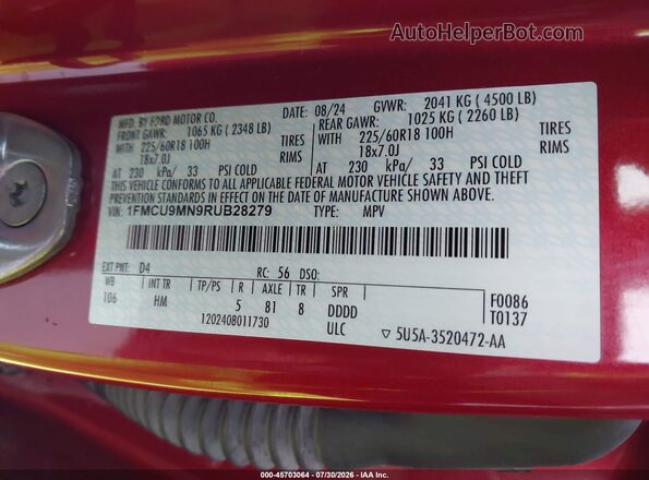 1FMCU9MN9RUB28279 2024 FORD ESCAPE Red Շարժիչի բաժամունքի տեսք