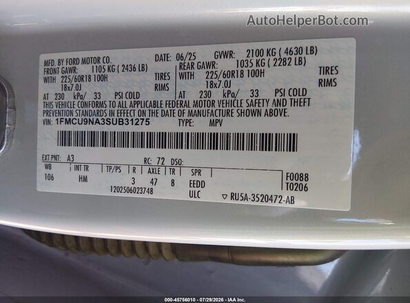1FMCU9NA3SUB31275 2025 FORD ESCAPE Silver Widok komory silnika