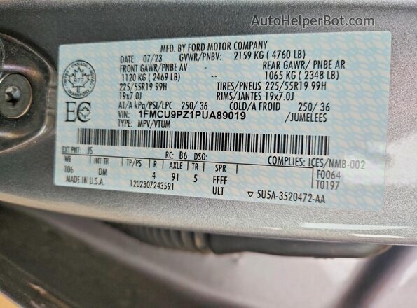 1FMCU9PZ1PUA89019 2023 FORD ESCAPE Silver Vista interior de 360 grados