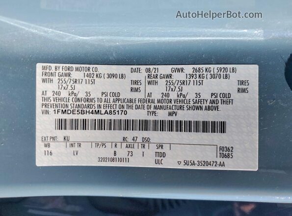 1FMDE5BH4MLA85170 2021 FORD BRONCO Синий Панорамный вид салона 360°