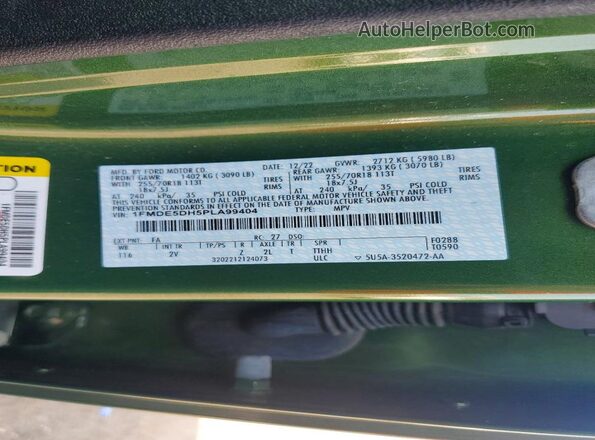 1FMDE5DH5PLA99404 2023 FORD BRONCO Зеленый Панорамный вид салона 360°