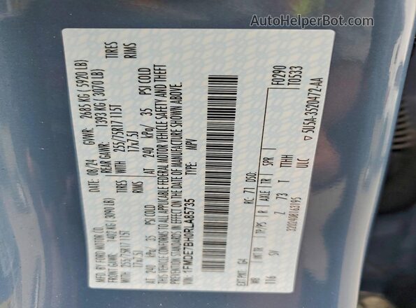 1FMDE7BH0RLA85735 2024 FORD BRONCO Blue Widok naklejki z numerem VIN