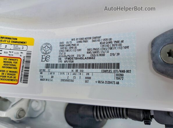 1FMDE7BH4SLA59662 2025 FORD BRONCO White Вид наклейки з VIN-кодом