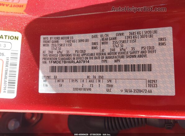 1FMDE7BH6RLA07914 2024 FORD BRONCO Red Շարժիչի բաժամունքի տեսք