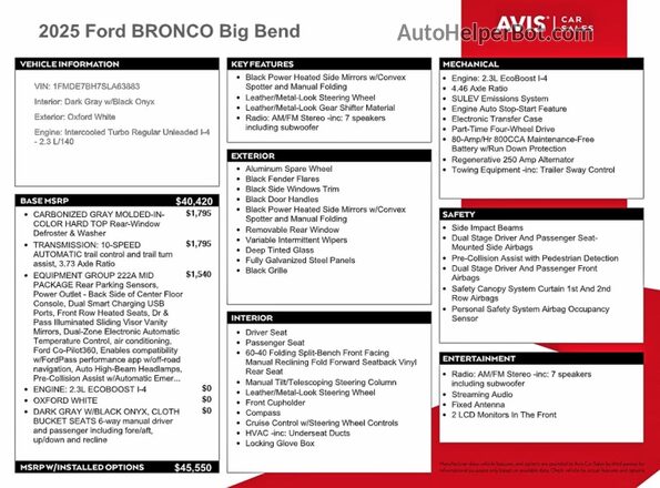 1FMDE7BH7SLA63883 2025 FORD BRONCO Белый Вид наклейки с VIN-кодом
