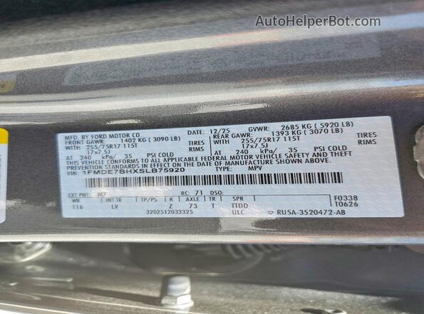 1FMDE7BHXSLB75920 2025 FORD BRONCO Серый Вид наклейки с VIN-кодом