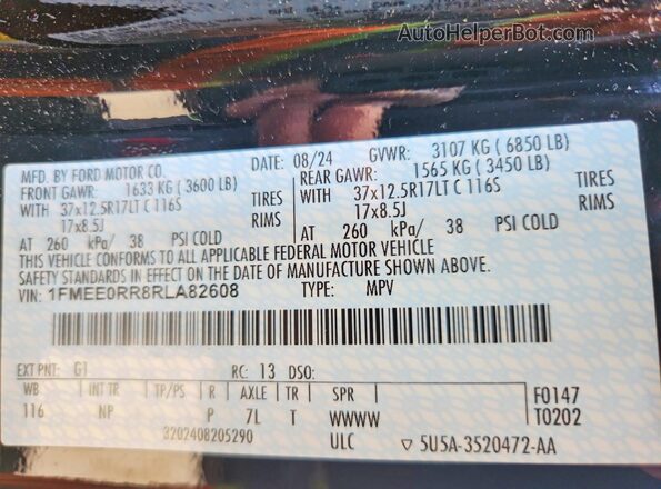 1FMEE0RR8RLA82608 2024 FORD BRONCO Black Vista de la etiqueta del VIN