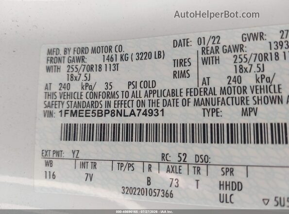 1FMEE5BP8NLA74931 2022 FORD BRONCO White Շարժիչի բաժամունքի տեսք