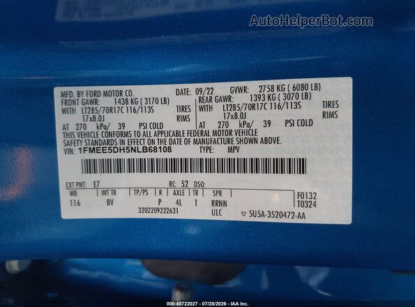 1FMEE5DH5NLB68108 2022 FORD BRONCO Blue Շարժիչի բաժամունքի տեսք