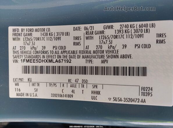 1FMEE5DHXMLA67192 2021 FORD BRONCO Blue ძრავის განყოფილების ხედი