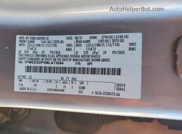 1FMEE5DP5MLA73084 2021 FORD BRONCO Gray VIN კოდის სტიკერის ხედი