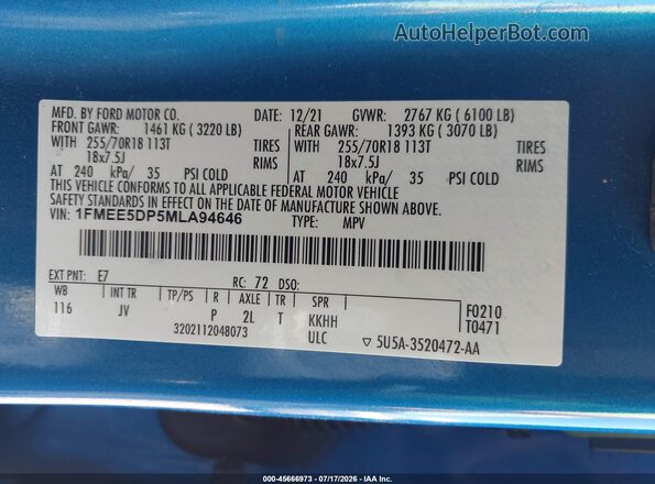 1FMEE5DP5MLA94646 2021 FORD BRONCO Blue Vista del compartimento del motor
