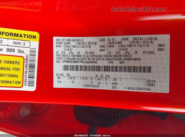 1FMEE9BP7RLA24020 2024 FORD BRONCO Красный Вид подкапотного пространства