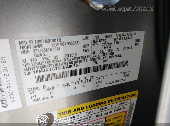 1FMJK1GT5LEA86767 2020 FORD EXPEDITION Gray ძრავის განყოფილების ხედი