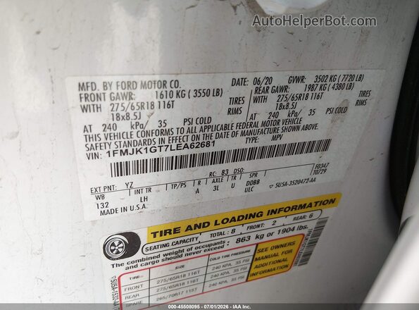 1FMJK1GT7LEA62681 2020 FORD EXPEDITION Белый Вид подкапотного пространства